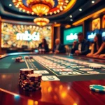 Players enjoying their time at mb66.ski with a vibrant casino scene, engaging with roulette and poker games.