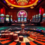 Excitement in a luxurious casino setting showcasing fun79 betting activities with poker chips and roulette.
