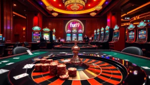 Excitement in a luxurious casino setting showcasing fun79 betting activities with poker chips and roulette.