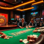 Experience high-stakes gaming action at FABET's upscale casino with exciting poker games and vibrant decor.