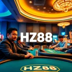 HZ88 casino scene highlighting players at poker tables with vibrant slot machines.