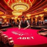 FABET casino gaming table with vibrant atmosphere, professional dealers, and poker chips.
