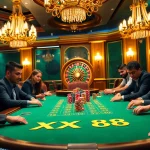 Intense poker game at XX 88 casino showcasing vibrant chips and enthusiastic players.
