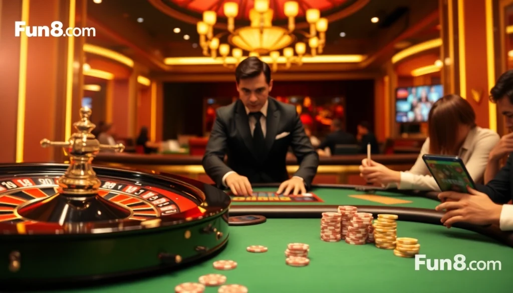 Players enjoying a thrilling game at Fun88.com, featuring a luxurious casino atmosphere.