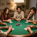Fabet players engaged in a thrilling home poker game with vibrant chips and focused expressions.