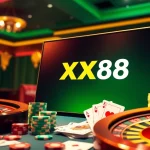 Engage with exciting online gaming at XX88 COM featuring poker chips and a roulette wheel.