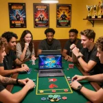 Friends enjoying a thrilling live casino game from gem88 in a lively room filled with gaming accessories.
