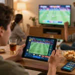Betting on sports passionately with Tin88, engaging with live action on tablet in a vibrant home setting