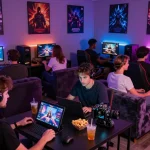 Engaged players enjoying porn games in a vibrant gaming lounge with colorful lights.