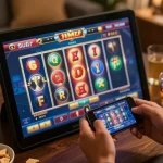 Engaging okfun online casino game interface showcasing colorful slot win in cozy home setting