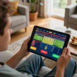 Kuwin user engaging in sports betting on a tablet, portraying a vibrant home atmosphere with focused excitement.