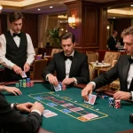 ONE88 players engaged at blackjack, showcasing high-stakes action in an elegant casino.