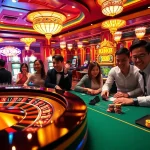 King88 players enjoying a festive casino experience with vibrant slot machines and roulette.