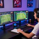 Gamer engaging with bl555 platform, surrounded by betting screens and sports memorabilia.