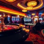 Tỷ lệ nhà cái displayed on a vibrant casino scene with roulette, blackjack, and slot machines.