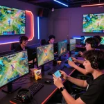 MAX98 gaming excitement in a vibrant digital lounge with players celebrating wins.