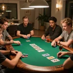 ww88 players engaging in a friendly poker game indoors, showcasing a strategic gambling atmosphere.