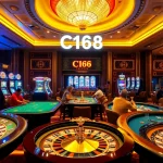 C168 Casino vibrant gaming scene showcasing poker tables and roulette wheels.
