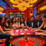Players enjoying the thrill of KUWIN casino games at a vibrant table with cards and chips.