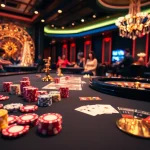 Players enjoying a thrilling game at hitclub's luxurious casino table filled with vibrant poker chips and cards.