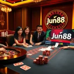 Jun88 players engaging in an exciting casino game at a luxurious poker table.