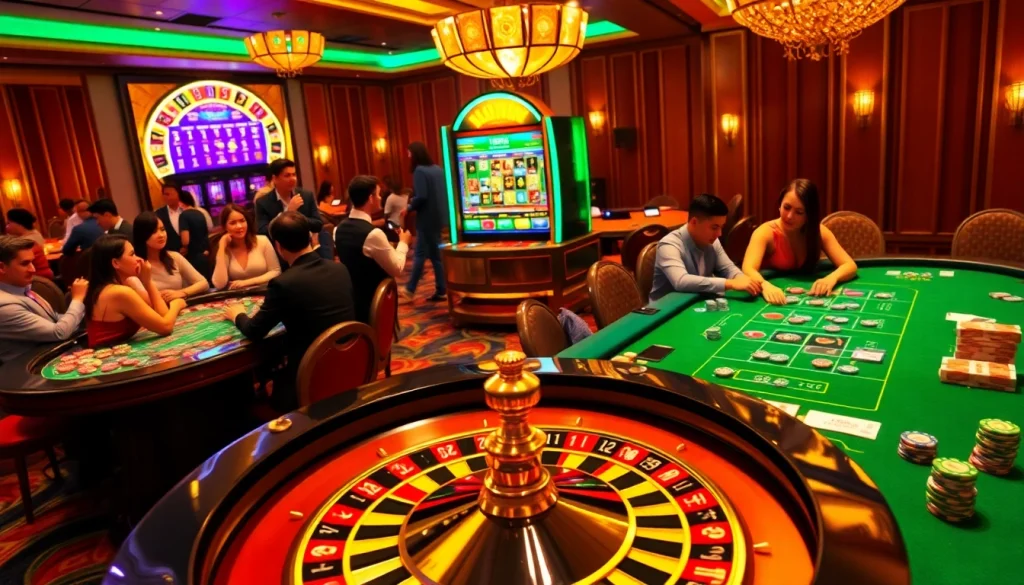 Players enjoying a thrilling casino experience at https://www.fly888.club/ with vibrant roulette and poker tables.