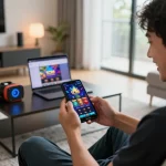 Player engaging with the SC88 mobile app in a stylish living room, showcasing an exciting online gaming experience at https://sc88e.com/.