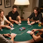 KQBD players engaged in poker strategy over a warm home atmosphere.