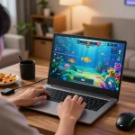 Bắn Cá Đổi Thưởng gameplay in a cozy home setting, showcasing vibrant underwater graphics and player engagement.