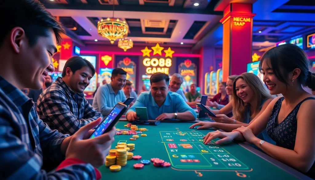 Experience the excitement of Cổng game Go88 with vibrant online gaming scenes featuring engaged players and diverse casino games.