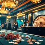 Exciting gaming action at tk88 with vibrant poker chips and a roulette wheel.
