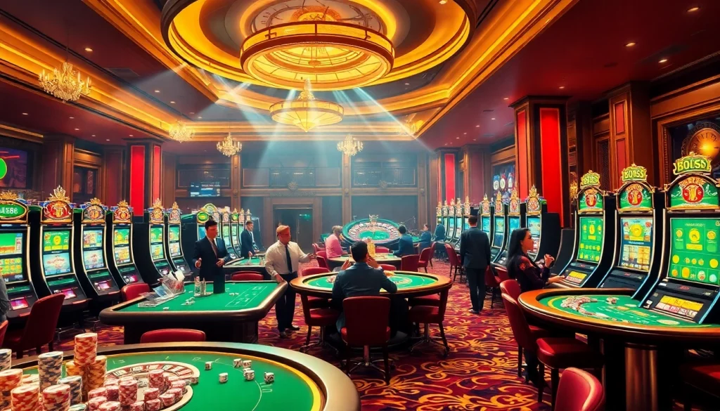 An exciting gambling scene at https://mint88.one/ showcasing luxury casino tables, slot machines, and happy players.