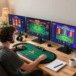 Gamer immersed in online casino gameplay on multiple screens with 98win interface, showcasing a vibrant gaming environment.