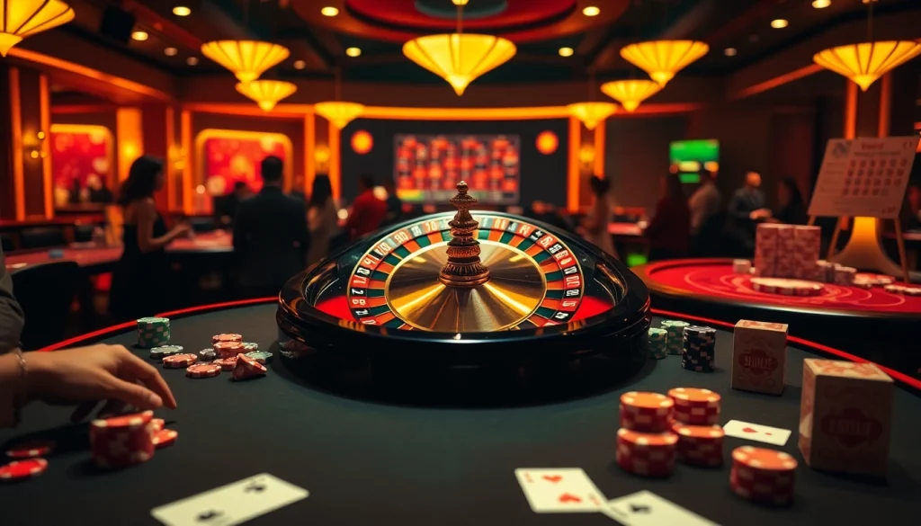 Engaging casino scene with roulette wheel, poker chips, and cards, featuring 8kbet.