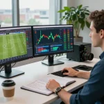Engaging kênh kèo nhà cái analysis scene with sports analyst monitoring live odds and statistics.