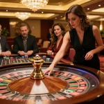 Players enjoying the excitement of roulette at cm88com, with chips on the table and a spinning wheel.