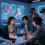 Professionals discussing AI porn concepts in a modern virtual studio with holographic displays and tech gear.