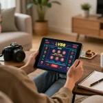 Person engaging in online gaming at LV88 using a tablet on a cozy sofa, emphasizing a comfortable and responsible gambling environment.