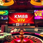 Experience the thrill of KM88 VIP online gambling with vibrant casino graphics and poker elements.