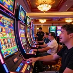 Players enjoying slot gacor games at vibrant casino with colorful machines and dynamic atmosphere.