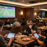 Engaged bettors analyzing sports betting odds using kèo nhà cái in a lively lounge setting