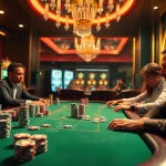 Players enjoying a thrilling poker game at 789club's luxurious casino with colorful chips and slot machines.