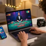 Player enjoying live casino gaming on TT88, with laptop and smartphone in a cozy home setup.