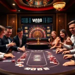 Players enjoying a thrilling poker game at W188 with chips and cards amidst a stylish casino setting.