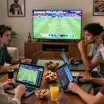 Engaged friends using kèo nhà cái to strategize during a live sports game.