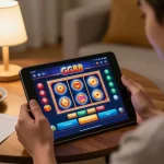 Person enjoying the GG88 casino app on a tablet, showcasing vibrant slot machines and betting options.