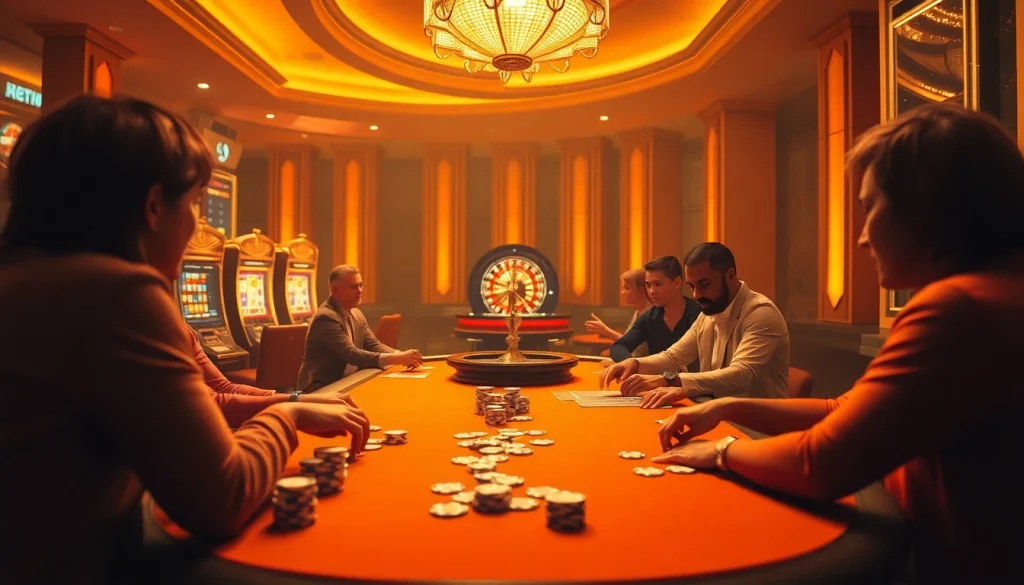 Experience the excitement of qqalfa with players winning at a vibrant casino table and colorful slot machines.