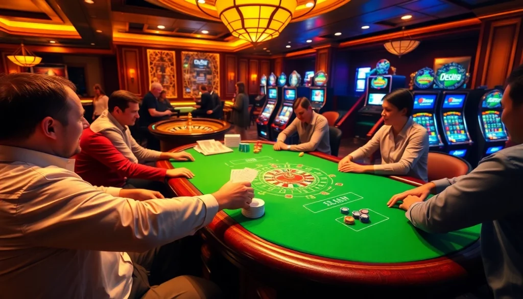 Players engaging in a high-stakes poker game at https://debet.jp.net/ surrounded by vibrant casino elements.