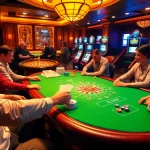 Players engaging in a high-stakes poker game at https://debet.jp.net/ surrounded by vibrant casino elements.
