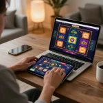 Engaging in online gambling on God55 with a tablet in a cozy home office
